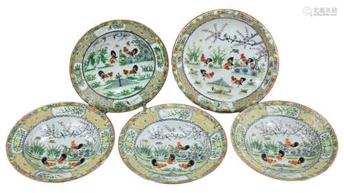 A group of Chinese Canton Famille Verte Bowls and Dish 19th Century