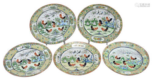 A group of five Chinese Canton Famille Verte Plates Republic Period