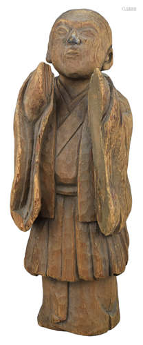 An Unusual Japanese Wooden Figure of a Priest. Edo Period, 18th Century