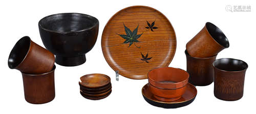 A Group of Various Japanese Lacquered Wood Vessels & Bamboo Wine Cups