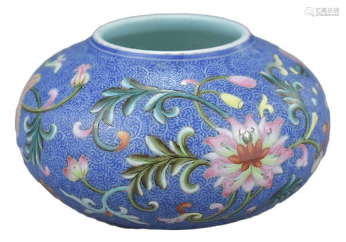 A Famille-Rose Blue-Ground Porcelain Brush Washer, Qianlong Seal Mark