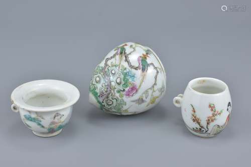 Three Chinese 19/20th Century porcelain bird feeders