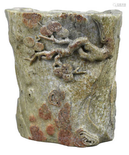 A Fine Chinese Carved Jade Brush Pot