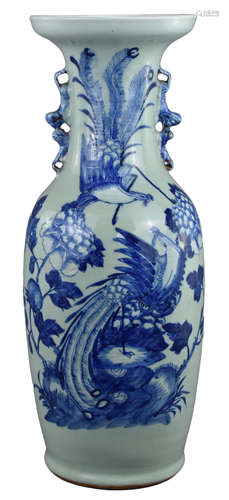 A Large Chinese Celadon-Ground Blue and White Vase, 19th Century