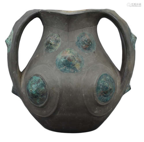 A Chinese Han Dynasty Black Pottery Amphora with Bronze Appliqués