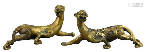 A Pair of Chinese Gilt Bronze figures of Mythical Beasts