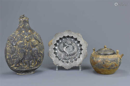 Three Chinese Liao Dynasty Style white metal items.