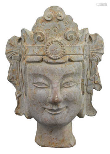 A Chinese Carved Limestone Head of Guanyin