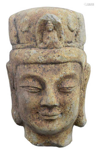 A Chinese Carved Grey Stone Head of Guanyin