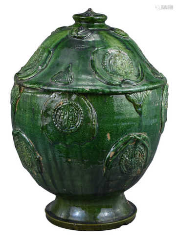 A Large Chinese Song / Yuan Dynasty Glazed Buddhist Jar with Inscription