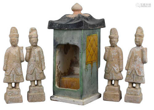 A Chinese Ming Dynasty Pottery Sedan Chair and Four Attendants with Oxford TL Test