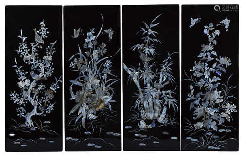 Four Chinese Wall Hangings Lacquered with Mother-of-pearl Decoration