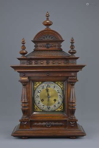 A Victorian Oak Cased Two Train Mantle Clock, With Pendulum and Key