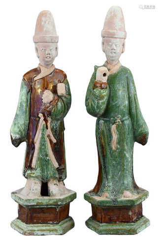 Pair of Tall Chinese Ming Glazed Pottery Figures of Officials