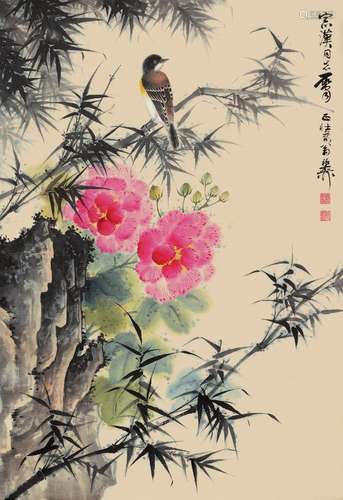 谢稚柳 芙蓉花鸟 纸本 立轴