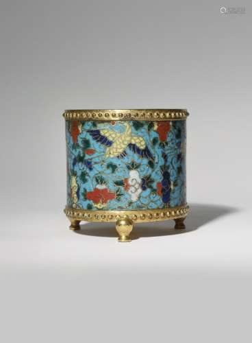 A CHINESE CLOISONNE 'CRANES' INCENSE BURNER MING DYNASTY The cylindrical body decorated with four