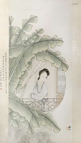 XIAO SHAN (REPUBLIC PERIOD) BEAUTY BENEATH BANANA LEAVES A Chinese painting, ink and colour on