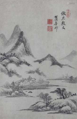 ATTRIBUTED TO WANG YUANQI LANDSCAPE IN THE STYLE OF MI FU A Chinese scroll painting, ink on paper,