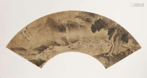 AFTER TANG YIN SCHOLARS GATHERING A Chinese fan painting, ink on paper, inscribed and signed with