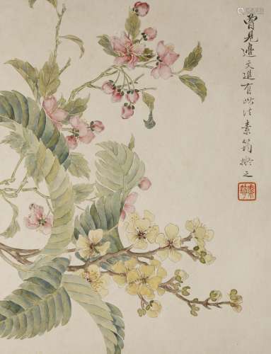 LIAO JIAHUI (1875-1908) FLOWERS A Chinese album of four paintings, ink and colour on paper, all