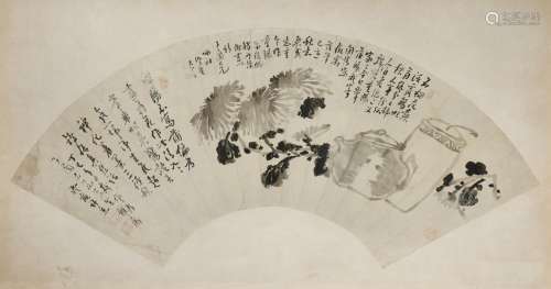XU JIE (19TH CENTURY) TEAPOT AND CHRYSANTHEMUM A Chinese fan painting, ink on paper, inscribed and