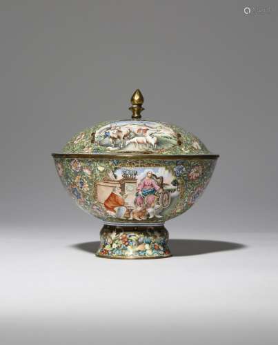 A RARE CHINESE ENAMEL EUROPEAN SUBJECT STEM BOWL AND COVER QIANLONG 1736-95 The exterior of the bowl