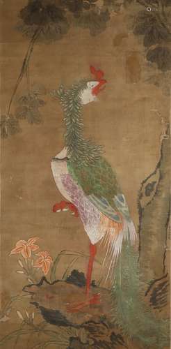 ATTRIBUTED TO MAO SONG (18TH CENTURY) PHOENIX A Chinese scroll painting, ink and colour on silk,