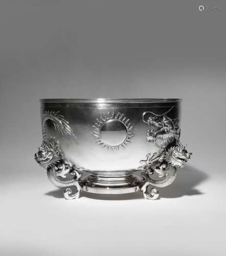 A CHINESE SILVER 'DRAGON' PUNCH BOWL 2ND HALF 19TH CENTURY Decorated in relief with a scaly dragon