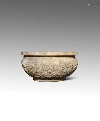A LARGE CHINESE MARBLE 'DRAGON' BOWL MING/QING DYNASTY Carved to the exterior with two sinuous