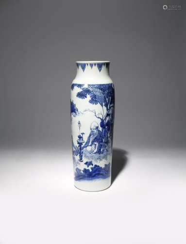 A CHINESE BLUE AND WHITE 'LONGEVITY' SLEEVE VASE TRANSITIONAL C.1640 The tall cylindrical body