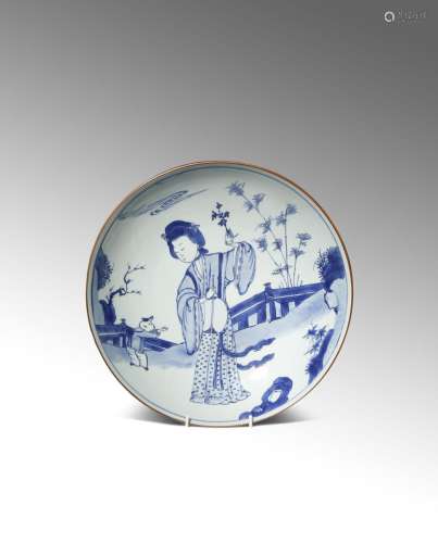 A RARE LARGE CHINESE BLUE AND WHITE DISH SIX CHARACTER KANGXI MARK AND EARLY IN THE PERIOD 1662-1722