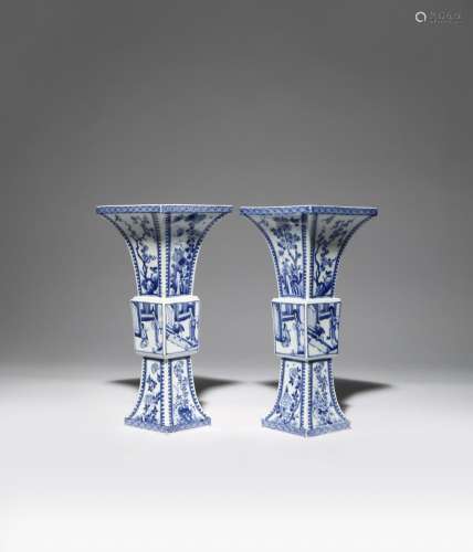A PAIR OF RARE CHINESE BLUE AND WHITE EROTIC SUBJECT SQUARE-SECTION VASES, FANGGU KANGXI 1662-1722