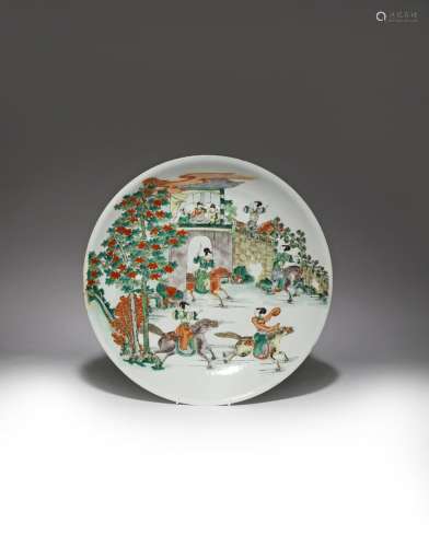 A LARGE CHINESE FAMILLE VERTE DISH 19TH CENTURY Brightly painted with ladies riding on horseback