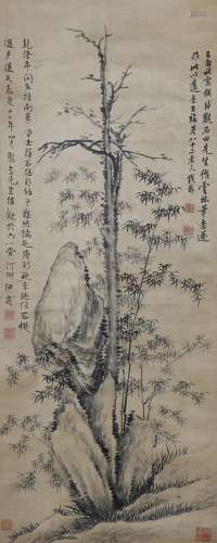 QIAN ZAI (1703-93) BAMBOO, PINE AND ROCK A Chinese scroll painting, ink on silk, title-slip by Fan