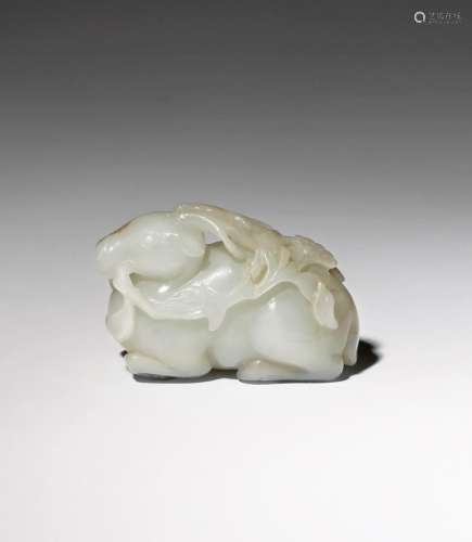 A CHINESE PALE CELADON JADE CARVING OF A DEER QIANLONG 1736-95 The stag depicted in a recumbent pose