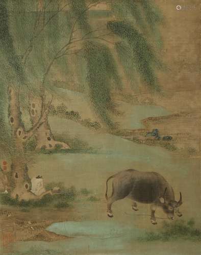 YUAN HUANZHI (MING/QING DYNASTY) ACCOMPANYING A WATER BUFFALO A Chinese painting, ink and colour