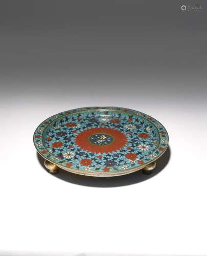 A SMALL CHINESE CLOISONNE CIRCULAR TRAY MID 16TH CENTURY Heavily cast, decorated to the centre