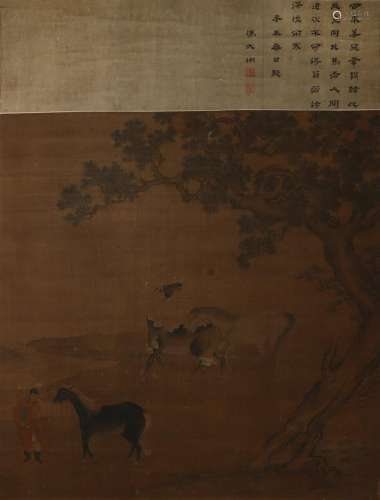 ANONYMOUS (MING/QING DYNASTY) HORSES A Chinese scroll painting, ink and colour on silk, inscribed