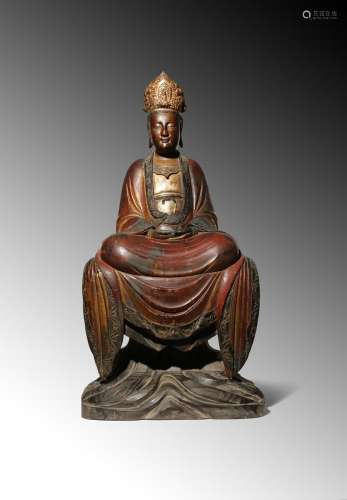 A MASSIVE CHINESE LACQUERED AND GILT-WOOD FUJIAN-STYLE FIGURE OF GUANYIN MING DYNASTY The