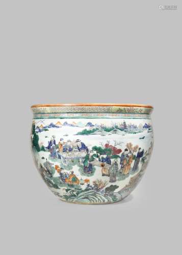A MASSIVE CHINESE WUCAI 'SCHOLARS' SCROLL BOWL EARLY 19TH CENTURY The ovoid body painted in enamels,