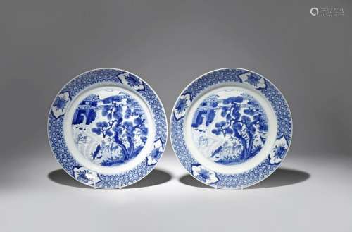 A PAIR OF CHINESE BLUE AND WHITE 'DEER' PLATES SIX CHARACTER KANGXI MARKS AND OF THE PERIOD 1662-
