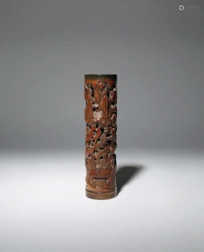 A CHINESE CARVED BAMBOO INCENSE HOLDER 18TH/19TH CENTURY The cylindrical body carved in relief and