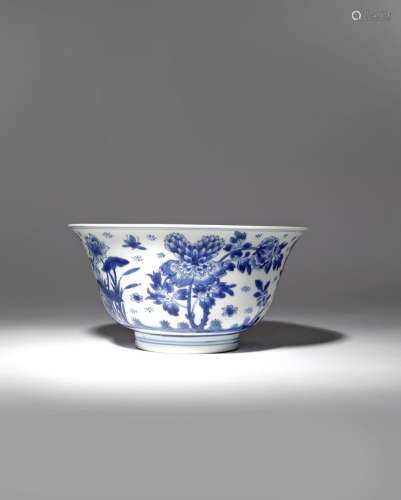 A CHINESE BLUE AND WHITE 'INSECTS AND FLOWERS' BOWL KANGXI 1662-1722 The deep U-shaped body rising