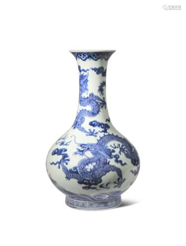 A CHINESE BLUE AND WHITE 'DRAGON' BOTTLE VASE SIX CHARACTER JIAQING MARK BUT PROBABLY LATER The
