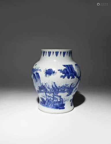 A CHINESE BLUE AND WHITE BALUSTER VASE TRANSITIONAL C.1640 The exterior painted with a continuous