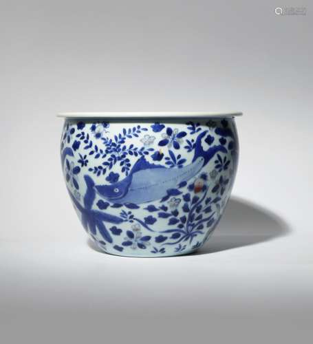 A CHINESE UNDERGLAZE BLUE AND RED 'FISH' JARDINIERE KANGXI 1662-1722 The ovoid body tapering towards