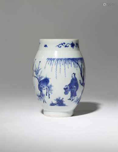 A CHINESE BLUE AND WHITE JAR, LIAN ZI GUAN TRANSITIONAL C.1640 Painted with a deer and Lan Caihe