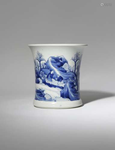 A CHINESE BLUE AND WHITE 'LANDSCAPE' BRUSHPOT, BITONG KANGXI 1662-1722 The waisted cylindrical