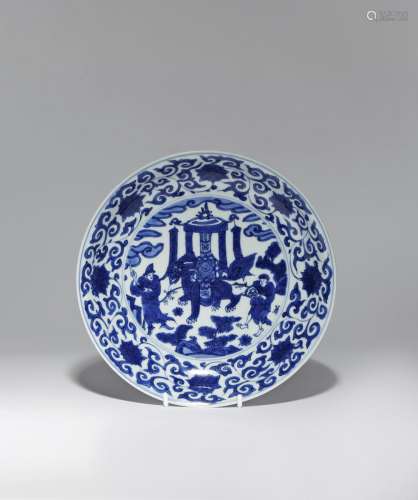 A CHINESE BLUE AND WHITE 'QILIN' SAUCER DISH SIX CHARACTER WANLI MARK AND OF THE PERIOD 1573-1620