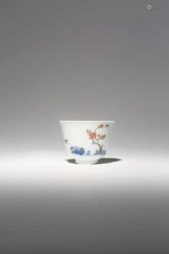 A CHINESE IMPERIAL WUCAI 'APRICOT BLOSSOM' MONTH CUP SIX CHARACTER JIAQING MARK AND OF THE PERIOD